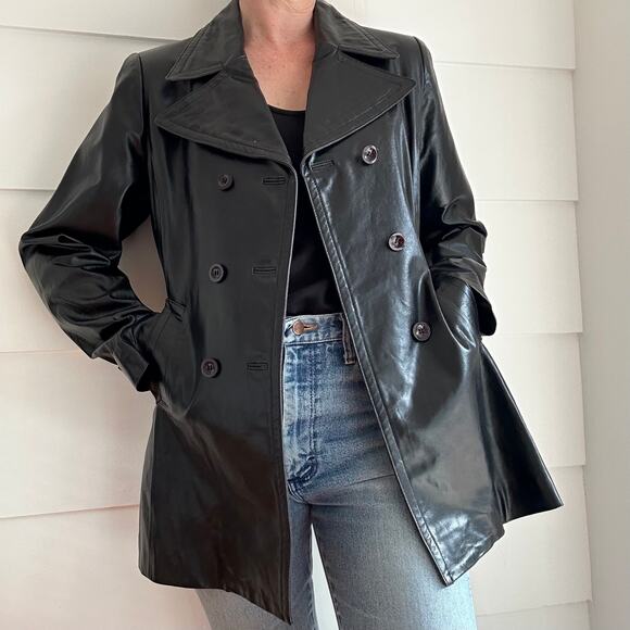 Vintage Black Leather Double Breasted Coat by bebe Size L - Picture 15 of 16